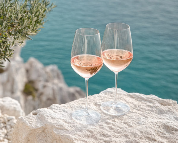 Calici vino rosè, mare e roccia